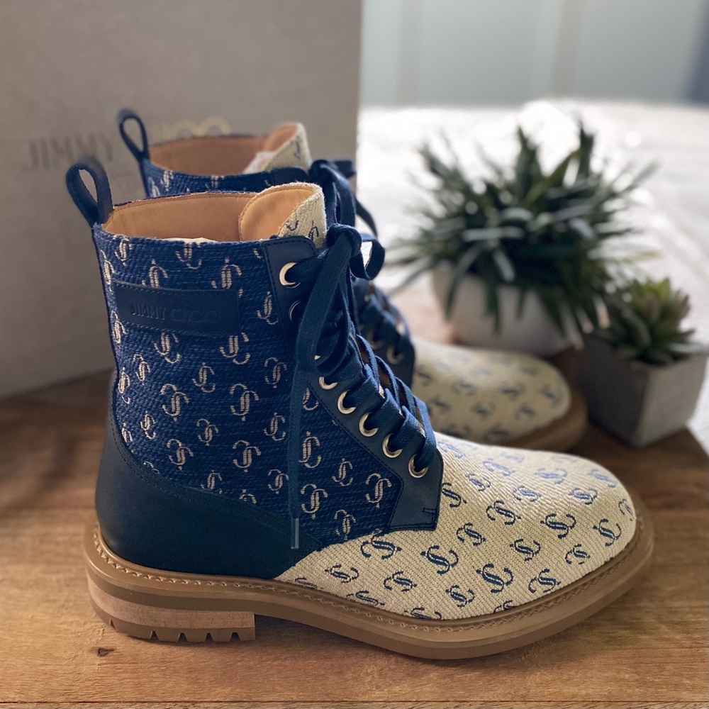 JIMMY CHOO Blue & Cream JC Logo Patterned Men's Boots